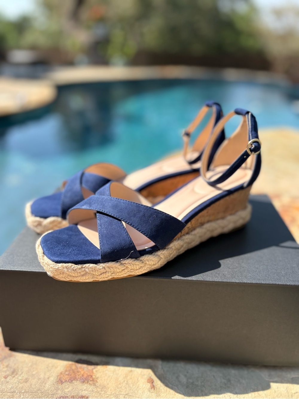 Pelle Moda Pippen Ankle Strap Wedge Suede Sandal in Navy Blue Size 8.5- NEW